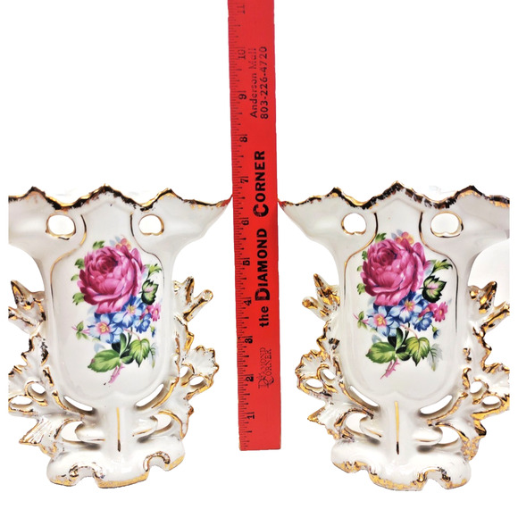 Pair Antique PORTUGAL Old Paris Style Spill Vases w Roses Daisies Circa 1900s - Picture 2 of 10